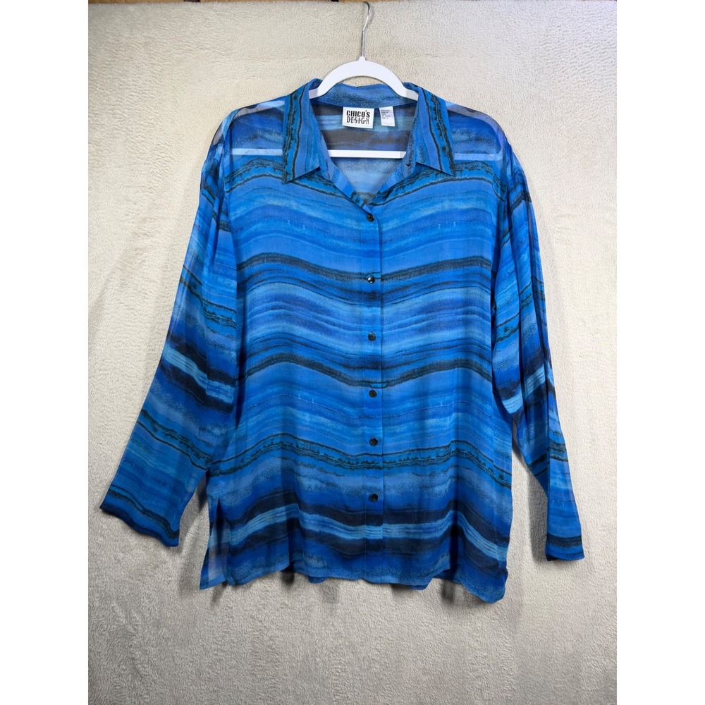Chico's Design Silk Blouse Women L Blue Abstract Stripe Sheer Button Up Shirt